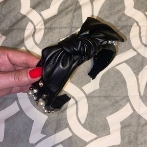 NWOT Black bow faux leather faux Pearl and diamond headband hair accessory